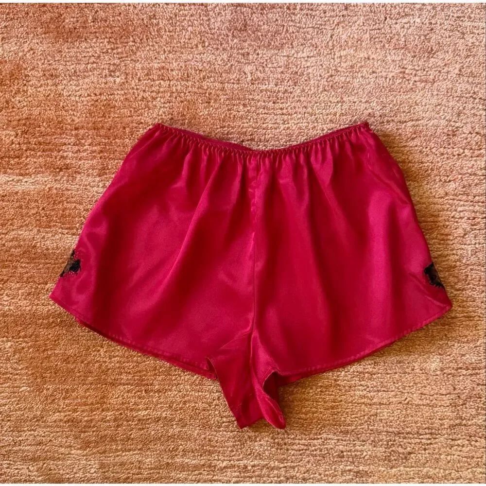 Red Satin Sleep Shorts Heart Embroidery Lingerie Size S